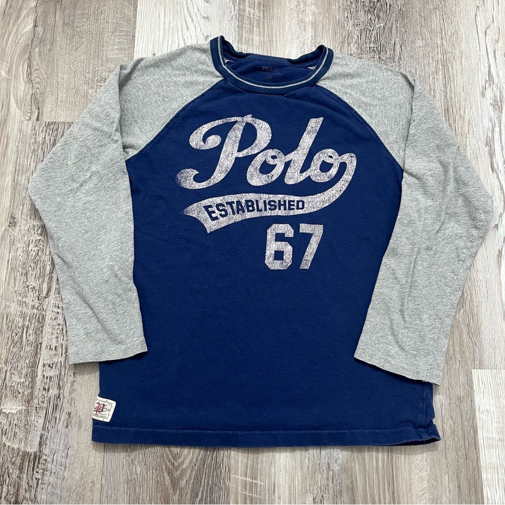 Polo Ralph Lauren YOUTH Medium Baseball T Shirt Long Sleeve Navy Blue Gray